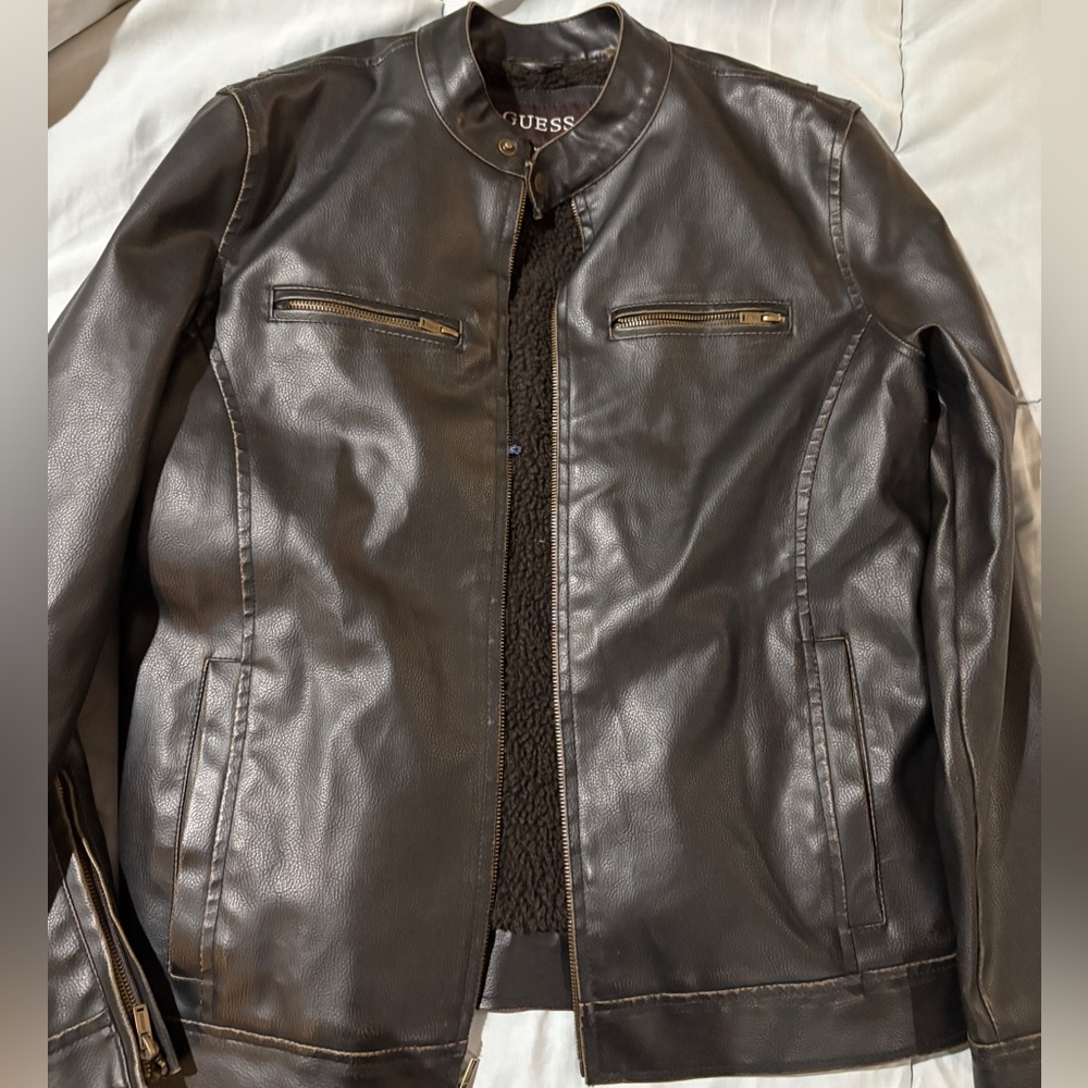 GUESS Men's Dark Brown Leather Jacket